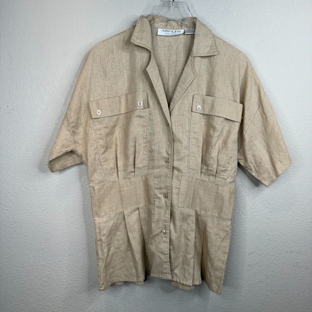 Adolfo Women's Notch Collar Button Up Shirt Top Short Sleeve Beige Size 5/6